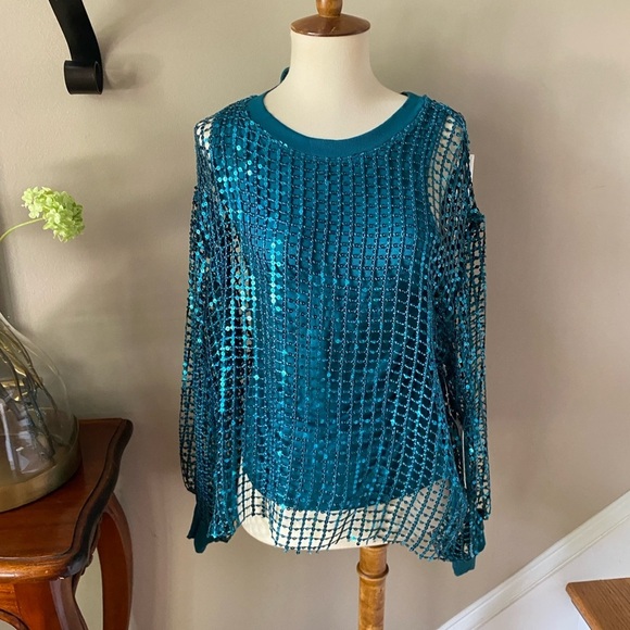 NWT Anthropologie Pilcro Long-Sleeve Sequin Turquoise Top Small - Picture 8 of 9